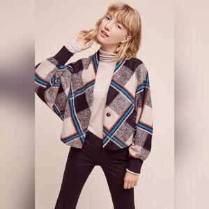 Anthroplogie Cartonnier Plaid Demero Swing Jacket Wool Blend XS Small Black Blue